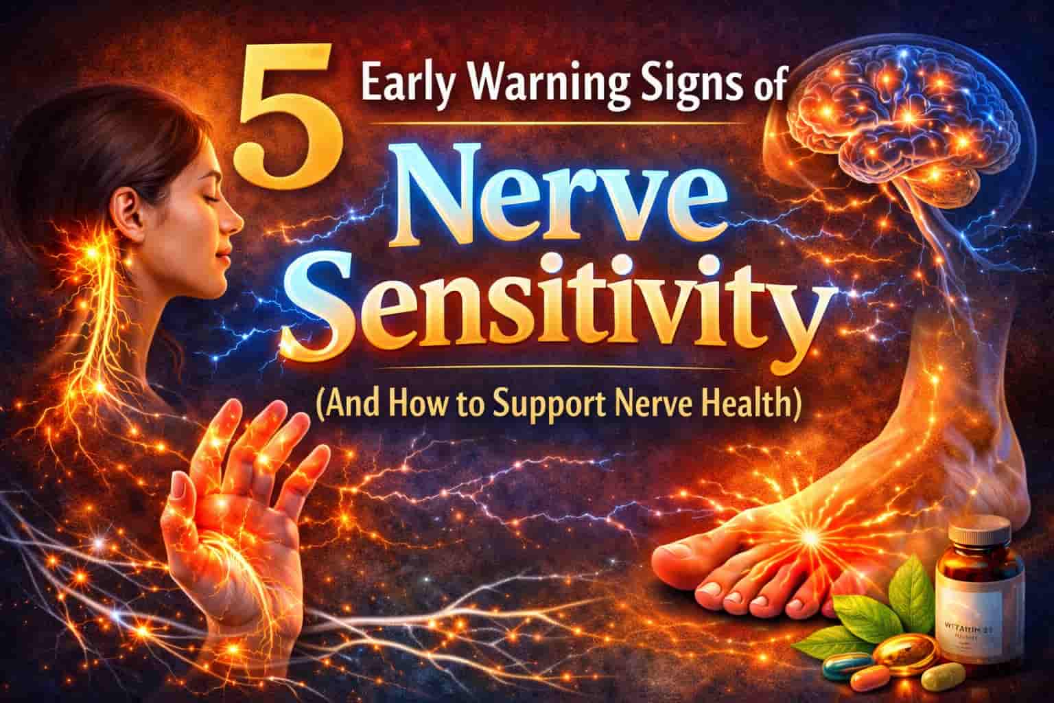 Infographic showing 5 early warning signs of nerve sensitivity with glowing nerve illustrations of a brain, hand, foot, and neck, plus supportive supplements and health elements.