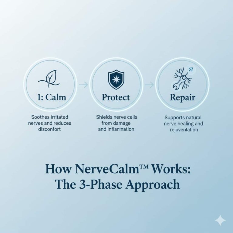 Infographic titled 'How NerveCalm™ Works: The 3-Phase Approach.' It details three stages: 1. Calm, which soothes irritated nerves; 2. Protect, which shields nerve cells from damage and inflammation; and 3. Repair, which supports natural nerve healing and rejuvenation