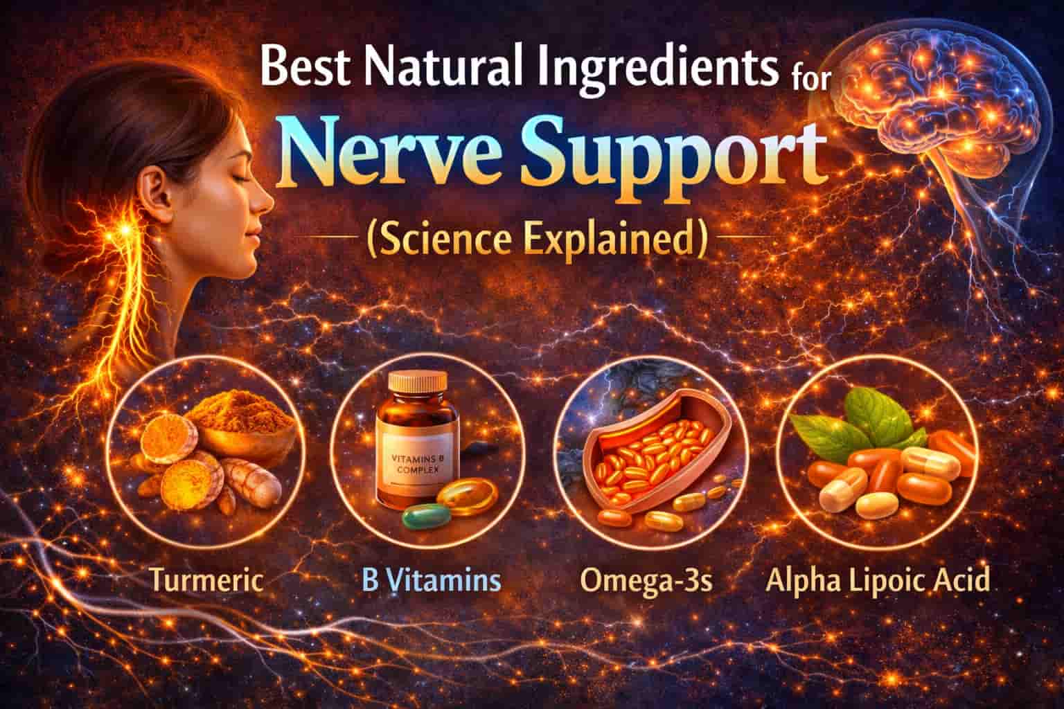 Infographic showing the best natural ingredients for nerve support, including turmeric, B vitamins, omega-3s, and alpha lipoic acid with science-based nerve health benefits.
