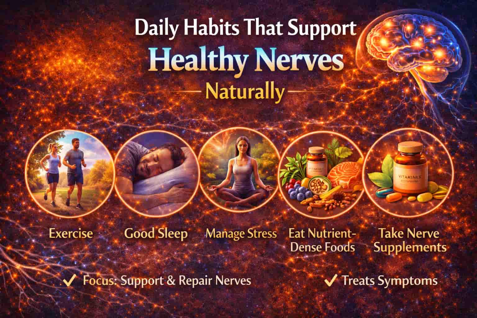 Daily habits for healthy nerves infographic explaining natural lifestyle tips like exercise, sleep, stress control, and nutrition for nerve support.