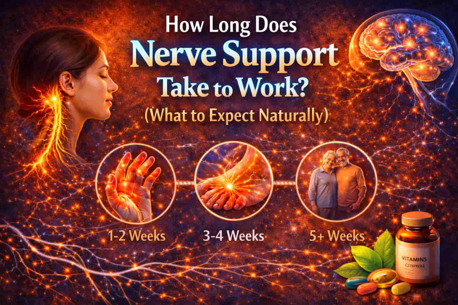 Infographic explaining how long nerve support takes to work naturally, showing a timeline of expected progress over weeks for nerve health improvement.
