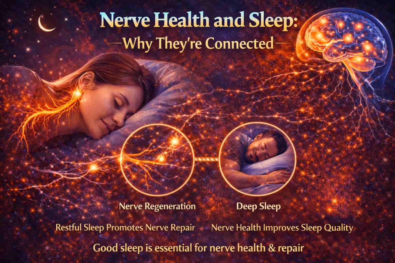 Infographic explaining the connection between nerve health and sleep, showing how deep sleep supports nerve regeneration and natural nerve repair.
