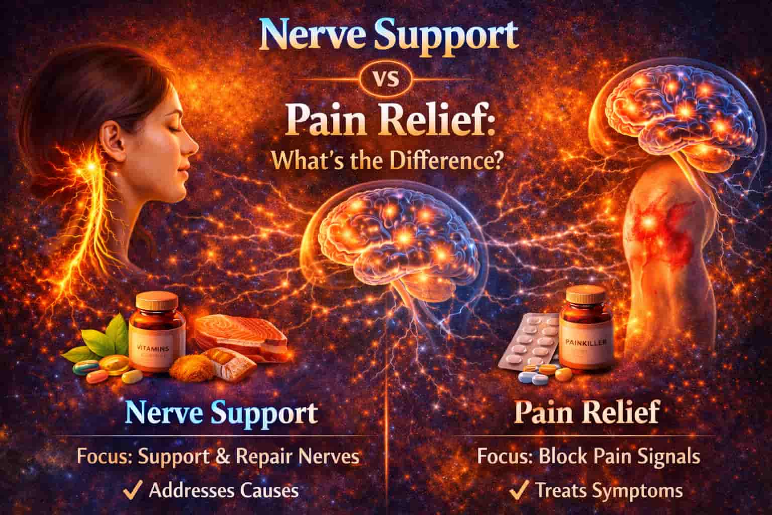 Nerve support vs pain relief infographic showing the difference between long-term nerve health support and short-term pain symptom relief.