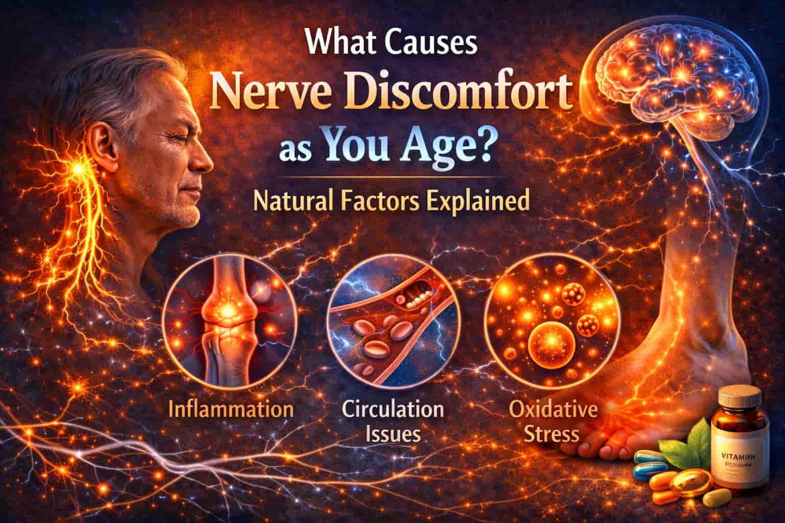 Infographic on age-related nerve discomfort causes and natural factors affecting nerve health.